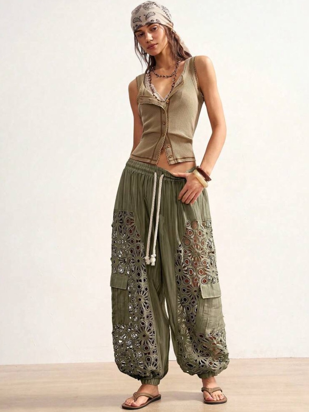 Boheme Olive Green Crochet Patchwork Wide-Leg Pants